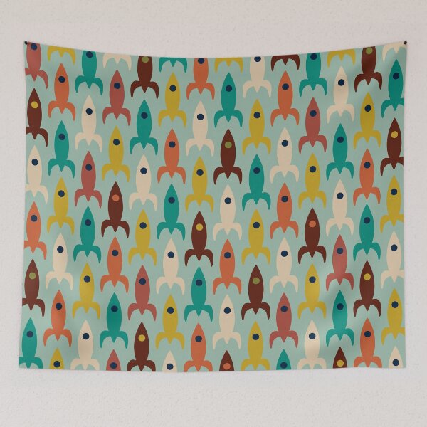 Item preview, Mid-Century Modern Rocket Ships - Colorful Space Age Atomic Era Aerospace Pattern in Mustard, Orange, Turquoise and Light Teal designed and sold by kierkegaard.