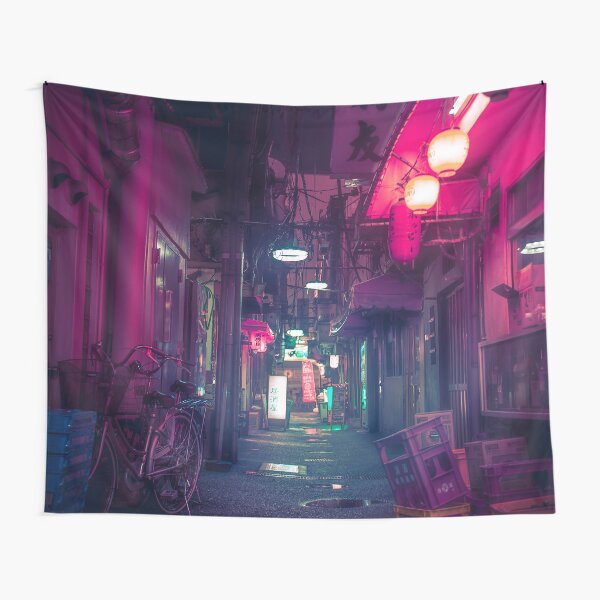 Synthwave Tokyo Neon Underworld Red Lantern in narrow dark alley Tapestry