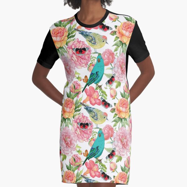 birds and Butterflies Graphic T-Shirt Dress