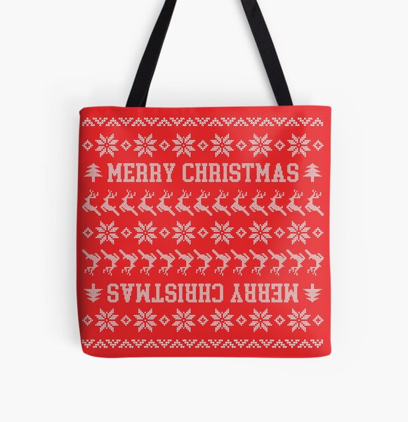 Merry Christmas Festive Poinsettia and Reindeer Pattern All Over Print Tote Bag