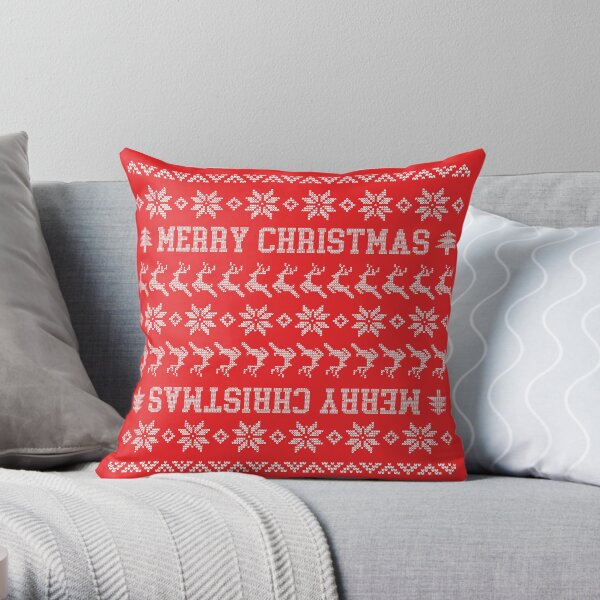 Merry Christmas Festive Poinsettia and Reindeer Pattern Throw Pillow