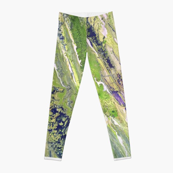 Contemporary Modern Art Design Green, White, Blue Paint Pours Leggings