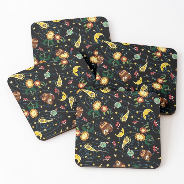Item preview, Vector colorful owl comet and moon repeat pattern with black background.  designed and sold by jamiesoondesign.