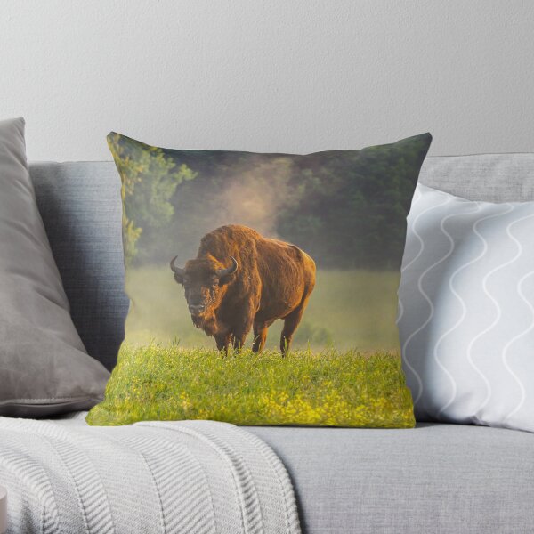 Wisent or european bison steaming in the morning light Throw Pillow