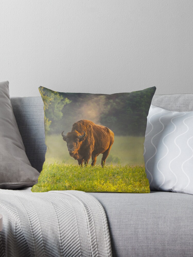 Thumbnail 1 of 3, Throw Pillow, Wisent or european bison steaming in the morning light designed and sold by Poliphilo.