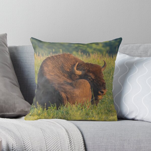 Laughing european bison, also known as wisent Throw Pillow