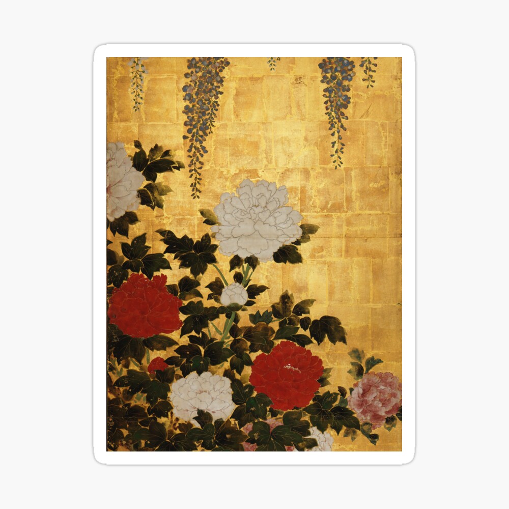 Vintage Japanese Floral Gold Leaf Screen With Wisteria and Peonies