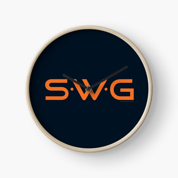 "SWG" (Single White Glove) orange logo. Clock
