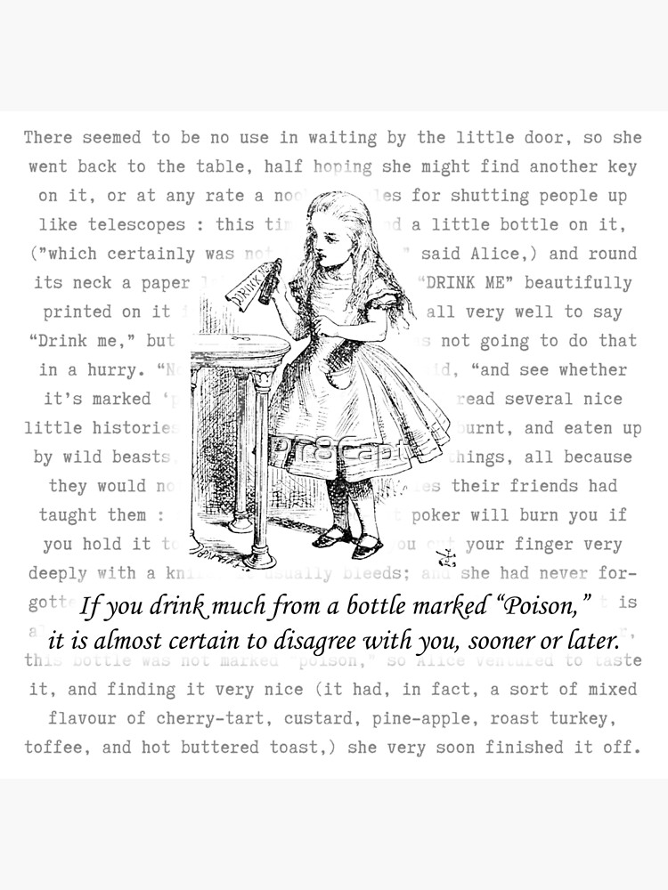Alice peering at the Drink Me bottle, from 'Alice's Adventures in