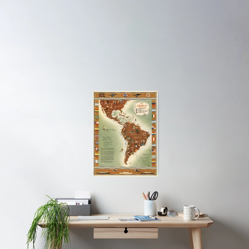 1948 Vintage Map, The Americas Served by American Republic