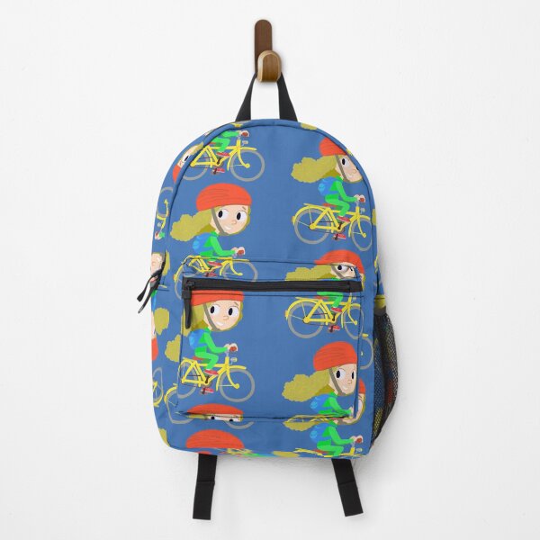Item preview, girl on a yellow bicycle with a backpack on her back designed and sold by duxpavlic.