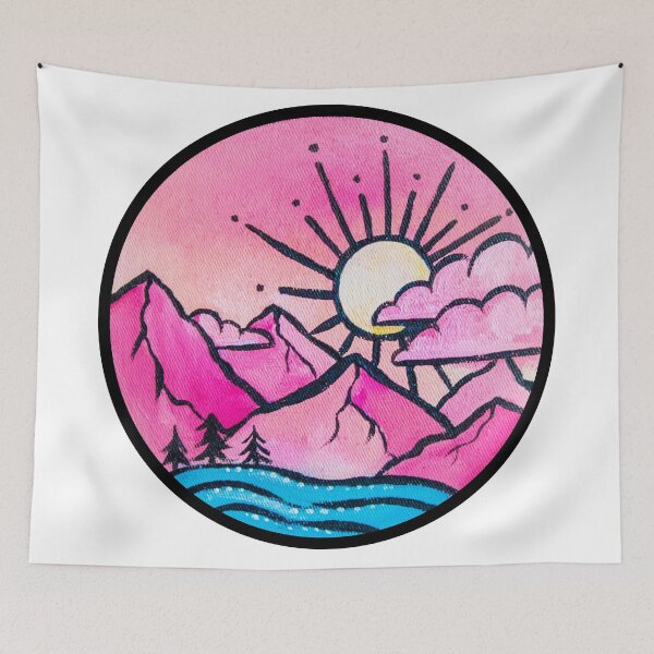 Artikelvorschau, sun among the mountains pastel pink sunset, landscape with fluffy clouds, river and pine trees. Black framed round drawing design, hand painted entworfen und verkauft von Mariuki Flow.
