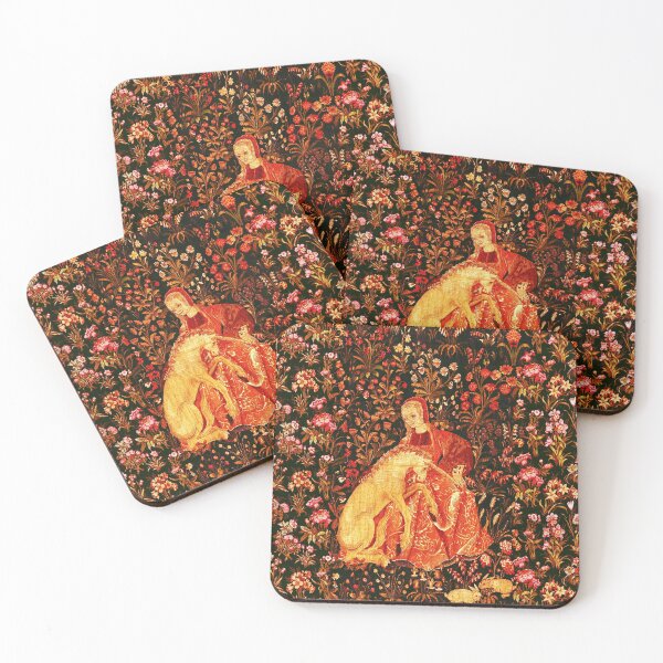 LADY AND UNICORN AMONG FLOWERS ,HARES,Red Brown Green Floral Coasters (Set of 4)