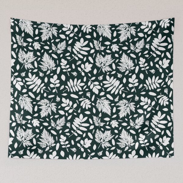 Item preview, Monochrome leaves 17. Wild herbs seamless pattern white on very dark blue green. Autumn leaf fall. Wild life designed and sold by Yulia Chepurova.