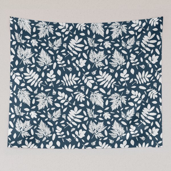 Item preview, Monochrome leaves 18. Wild herbs seamless pattern white on dark blue. Autumn leaf fall. Wild life designed and sold by Yulia Chepurova.