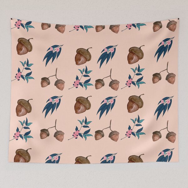 Item preview, Australian wattle gum tree gum nut print. Modern, pretty pink and blue design. Nature loving designed and sold by HaychGee.