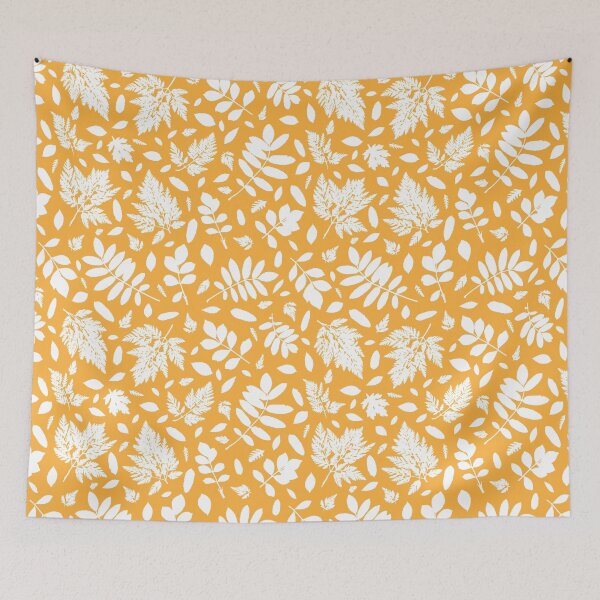 Item preview, Monochrome autumn leaves 19. Wild herbs seamless pattern white on yellow. Autumn leaf fall. Wild life designed and sold by Yulia Chepurova.