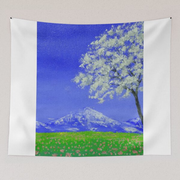 Item preview, White Sakura Tree Flower Mountain Scenery Painting Design designed and sold by RedCreatives.