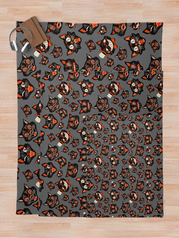 Throw Blanket, Retro Vintage Halloween Black Cat Faces Pattern - GRAY Background designed and sold by ctkrstudio