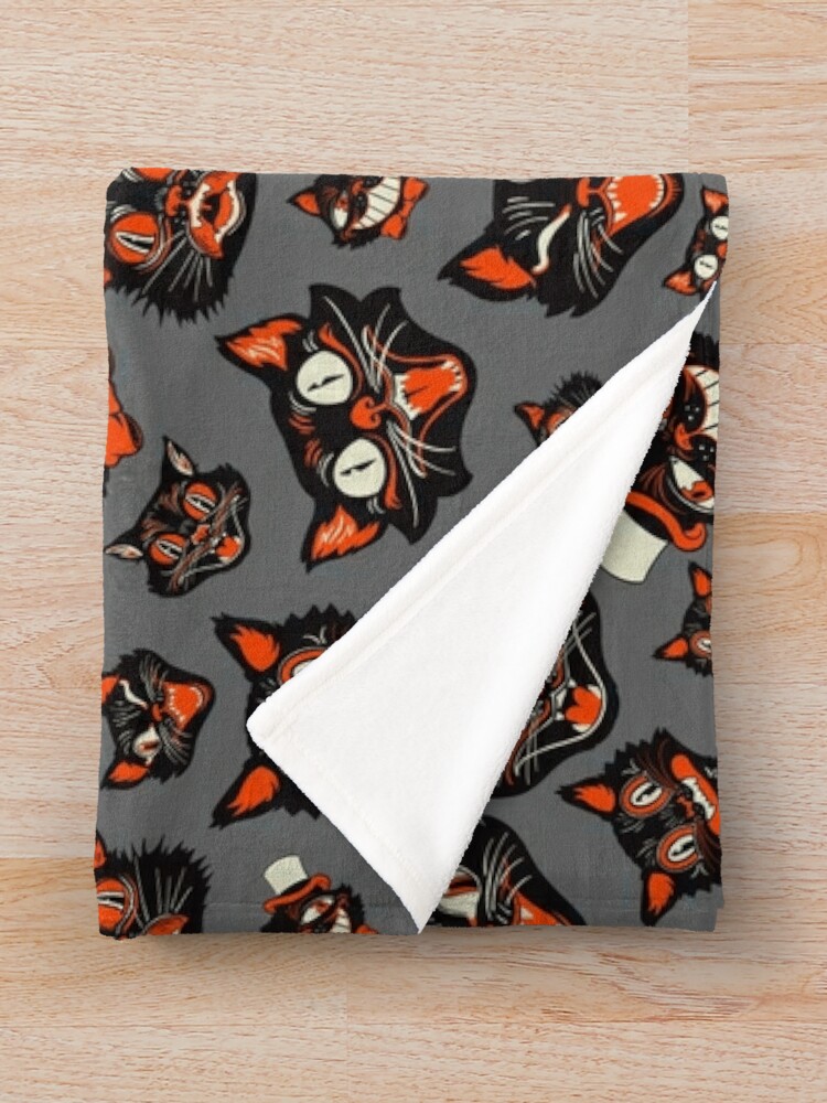 Throw Blanket, Retro Vintage Halloween Black Cat Faces Pattern - GRAY Background designed and sold by ctkrstudio