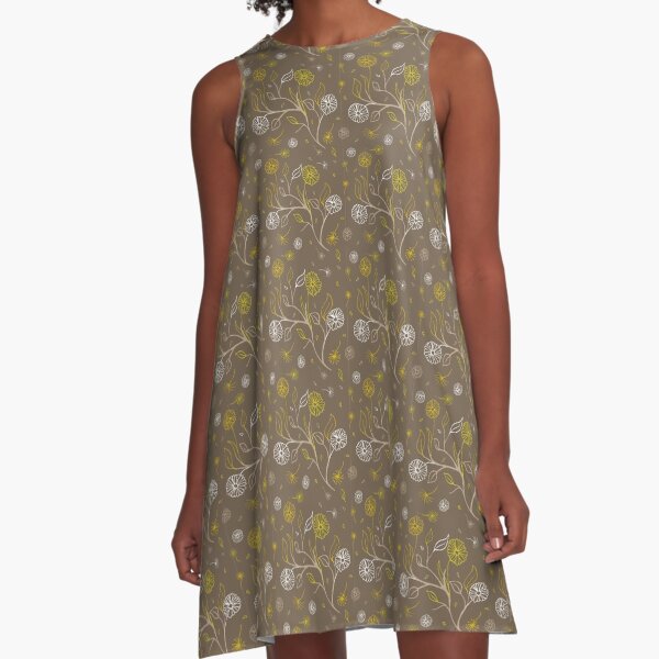 Chamomile and lion's mouth brown background A-Line Dress