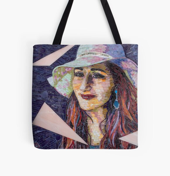 Mosaic portrait of a young woman with a sunhat on All Over Print Tote Bag