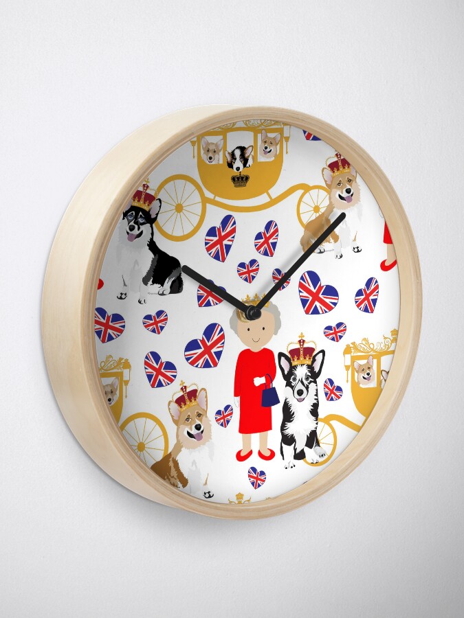 Alternate view of her highness queen elizabeth of the British Empire with the royal corgis - god save the queen - corgi pattern - queen elizabeth pattern white Clock