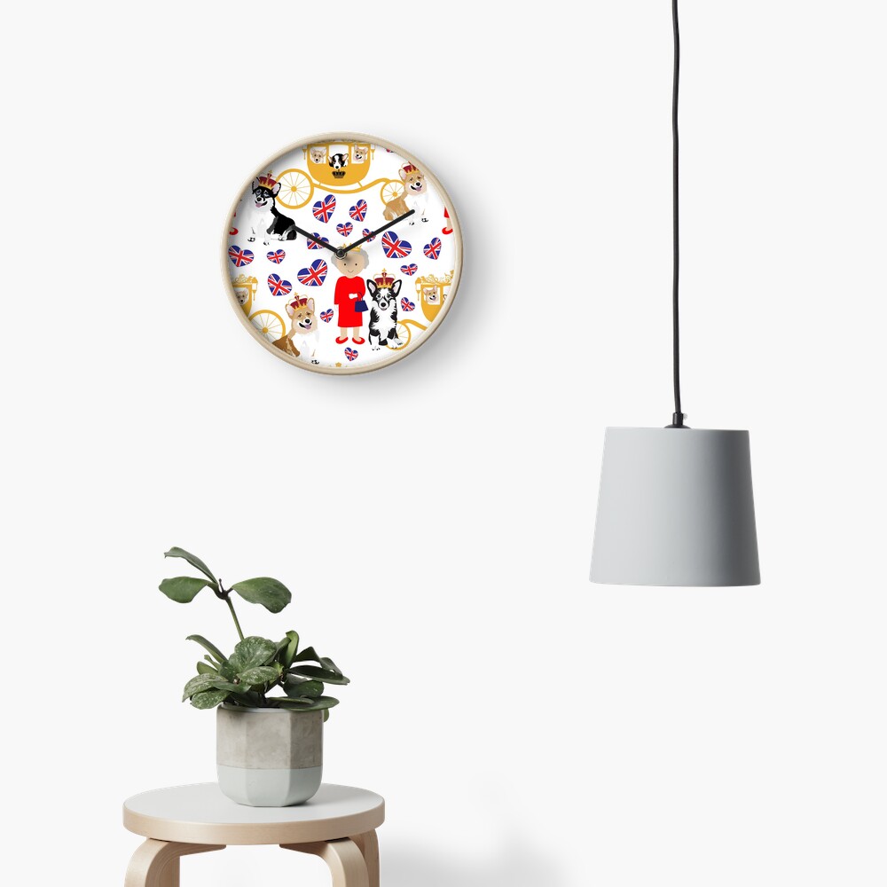 her highness queen elizabeth of the British Empire with the royal corgis - god save the queen - corgi pattern - queen elizabeth pattern white Clock