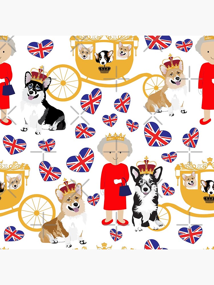 her highness queen elizabeth of the British Empire with the royal corgis - god save the queen - corgi pattern - queen elizabeth pattern white by Corgiworld