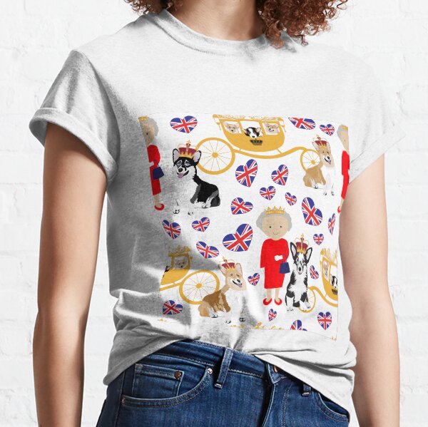 her highness queen elizabeth of the British Empire with the royal corgis - god save the queen - corgi pattern - queen elizabeth pattern white Classic T-Shirt
