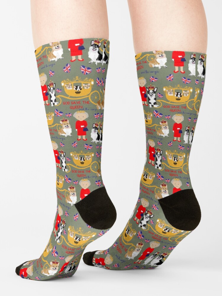 Alternate view of her highness queen elizabeth of the British Empire with the royal corgis - god save the queen - corgi pattern - queen elizabeth pattern grey Socks