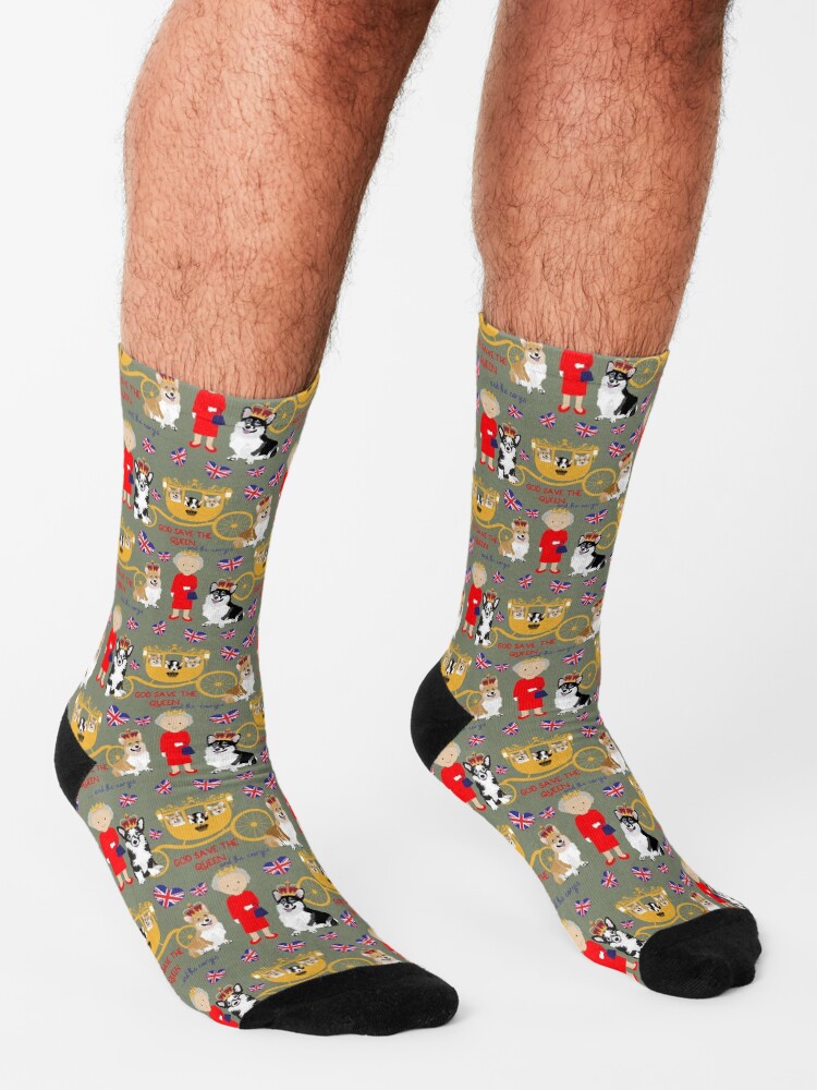 Alternate view of her highness queen elizabeth of the British Empire with the royal corgis - god save the queen - corgi pattern - queen elizabeth pattern grey Socks