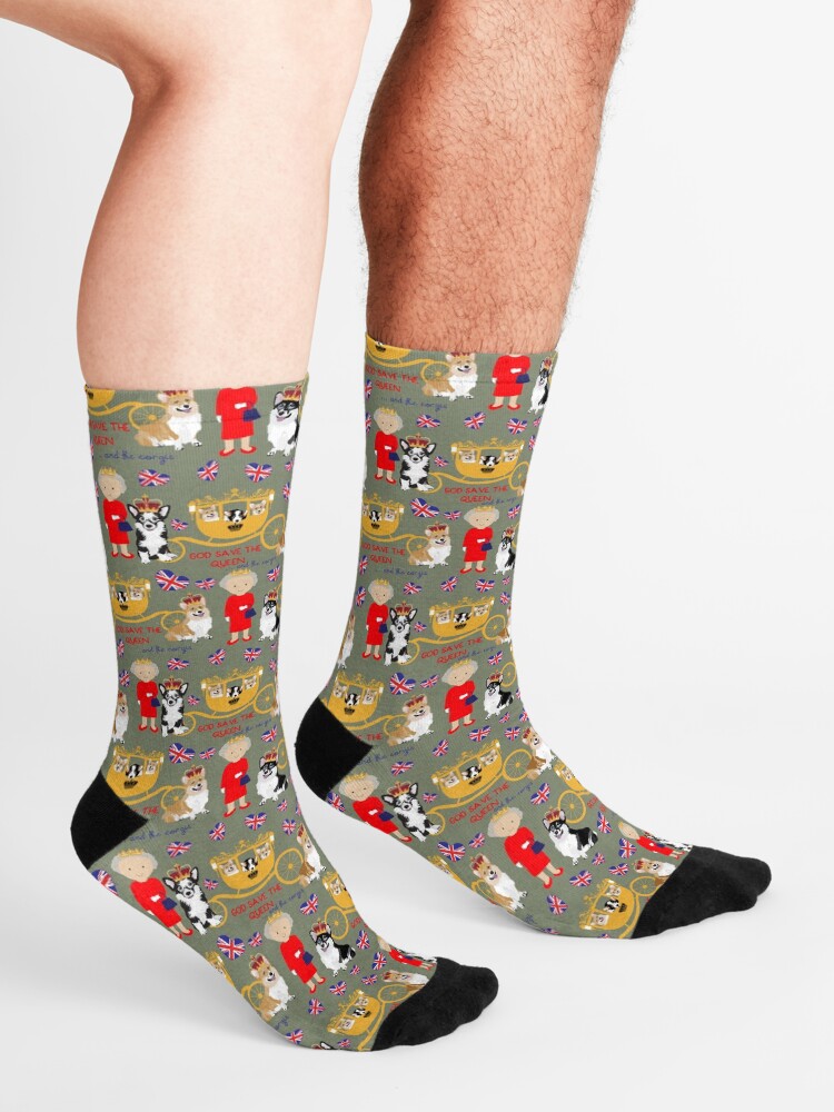 Alternate view of her highness queen elizabeth of the British Empire with the royal corgis - god save the queen - corgi pattern - queen elizabeth pattern grey Socks