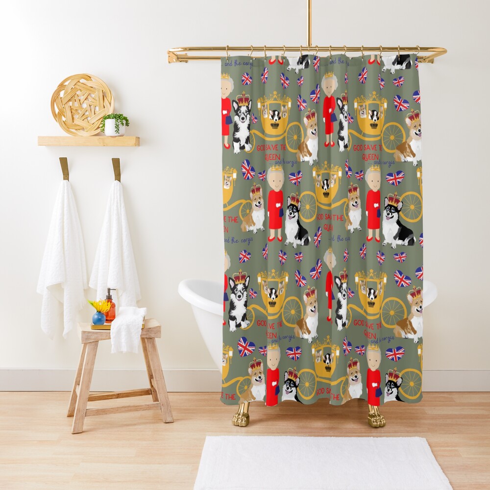her highness queen elizabeth of the British Empire with the royal corgis - god save the queen - corgi pattern - queen elizabeth pattern grey Shower Curtain
