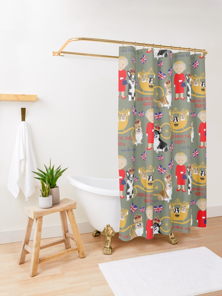 Alternate view of her highness queen elizabeth of the British Empire with the royal corgis - god save the queen - corgi pattern - queen elizabeth pattern grey Shower Curtain
