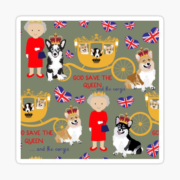 her highness queen elizabeth of the British Empire with the royal corgis - god save the queen - corgi pattern - queen elizabeth pattern grey Sticker