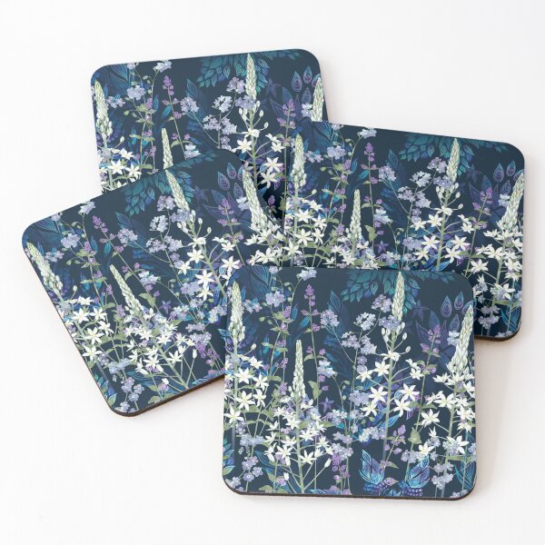Blue Pattern, White Ornithogalum Flowers, Catmint & Forget-Me-Nots Coasters (Set of 4)