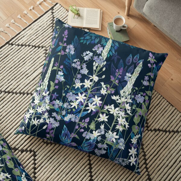 Blue Pattern, White Ornithogalum Flowers, Catmint & Forget-Me-Nots Floor Pillow