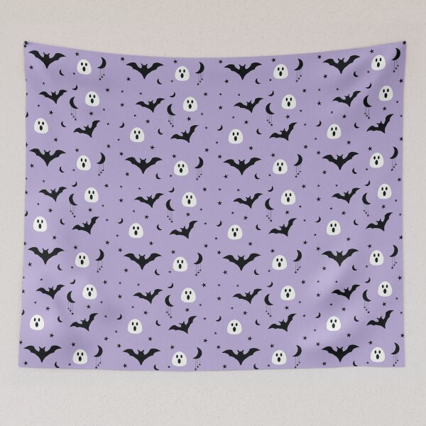 Artikelvorschau, Niedliche Halloween-Muster Sterne, Boo Ghost, Schwarze Fledermäuse Muster Lila Pastell Halloween entworfen und verkauft von UniqueMw.
