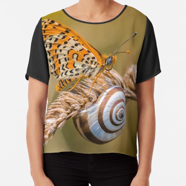 Butterfly (spotted fritillary) hanging out with a snail Chiffon Top