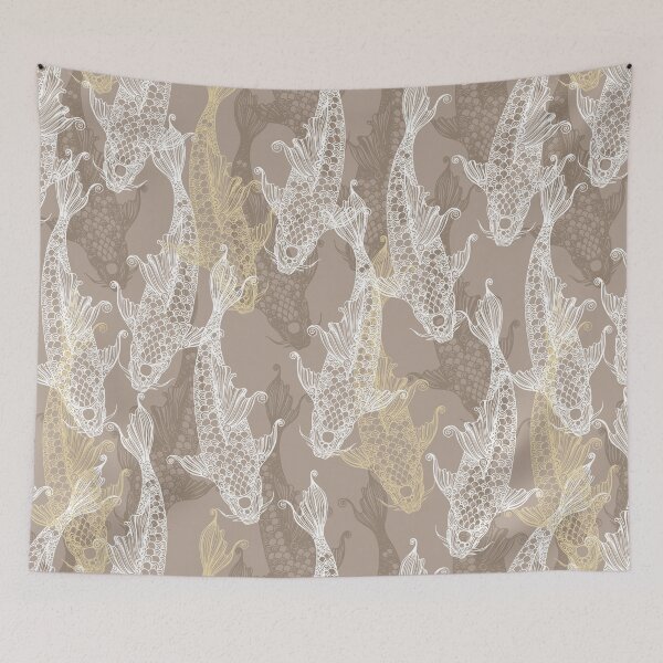 Item preview, Koi fish lacy silhouette seamless pattern white on beige. Wild fish. Wild life designed and sold by Yulia Chepurova.