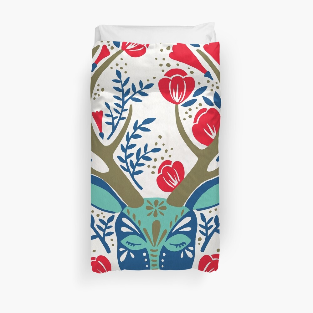 Floral Antlers – Red & Navy Duvet Cover