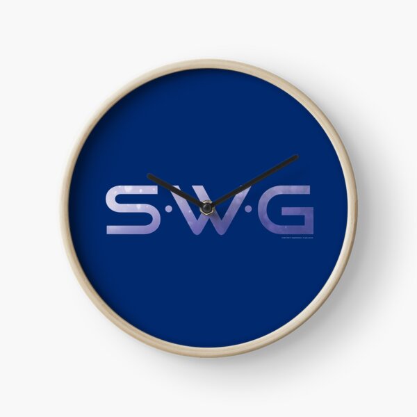 "SWG" (Single White Glove) purple gradient logo. Clock
