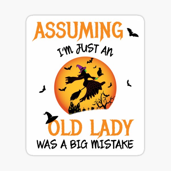 Old Lady Witch Broomstick Black Cat Bats Spider. Sticker
