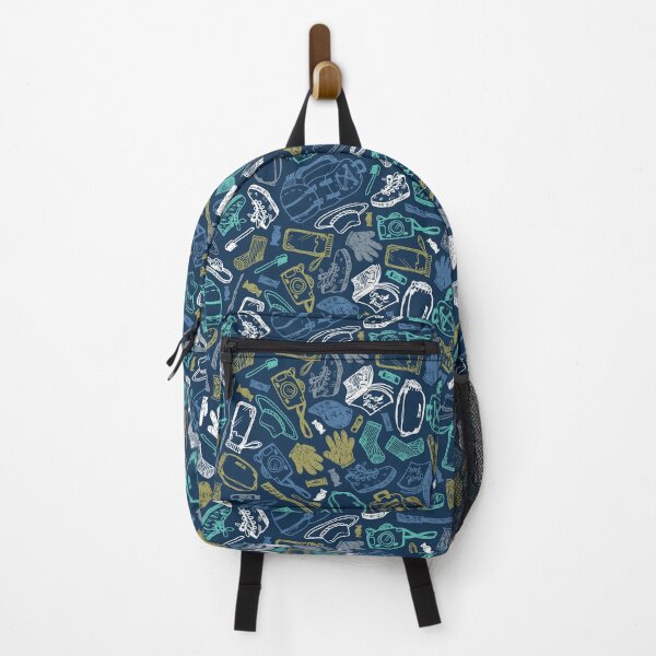 Item preview, Vector blue seamless doodle sketch pattern with objects for trekking and hiking on blue background. designed and sold by jamiesoondesign.