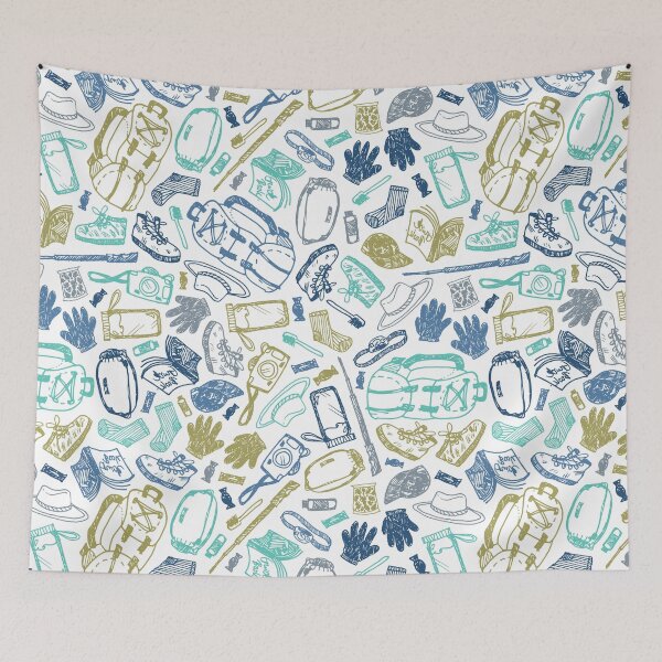 Item preview, Vector white seamless doodle sketch pattern with objects for trekking and hiking. designed and sold by jamiesoondesign.