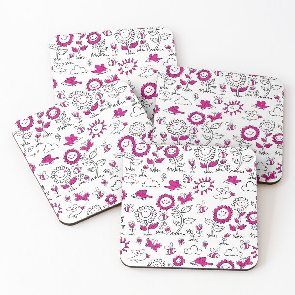 Artikelvorschau, Vektor schwarz und weiß mit Magenta Cartoon Sonnenblumen, Vögel und Bienen wiederholen Muster. entworfen und verkauft von jamiesoondesign.