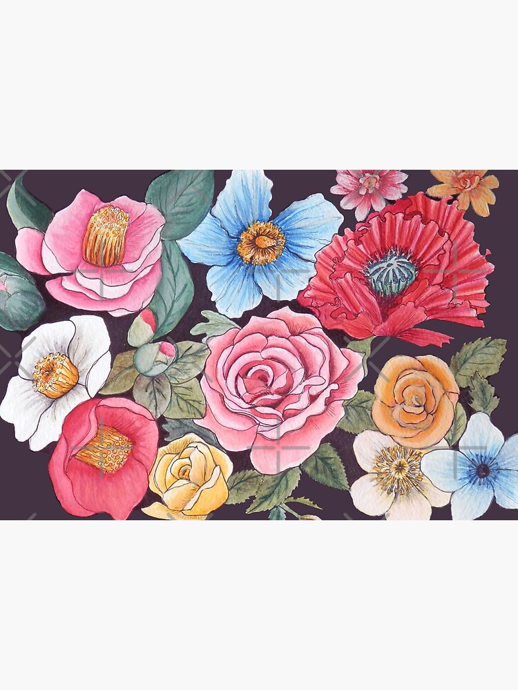 Lámina rígida «Abejas y flores, arte floral, amapolas, rosas, camelia en  acuarela» de MagentaRose | Redbubble