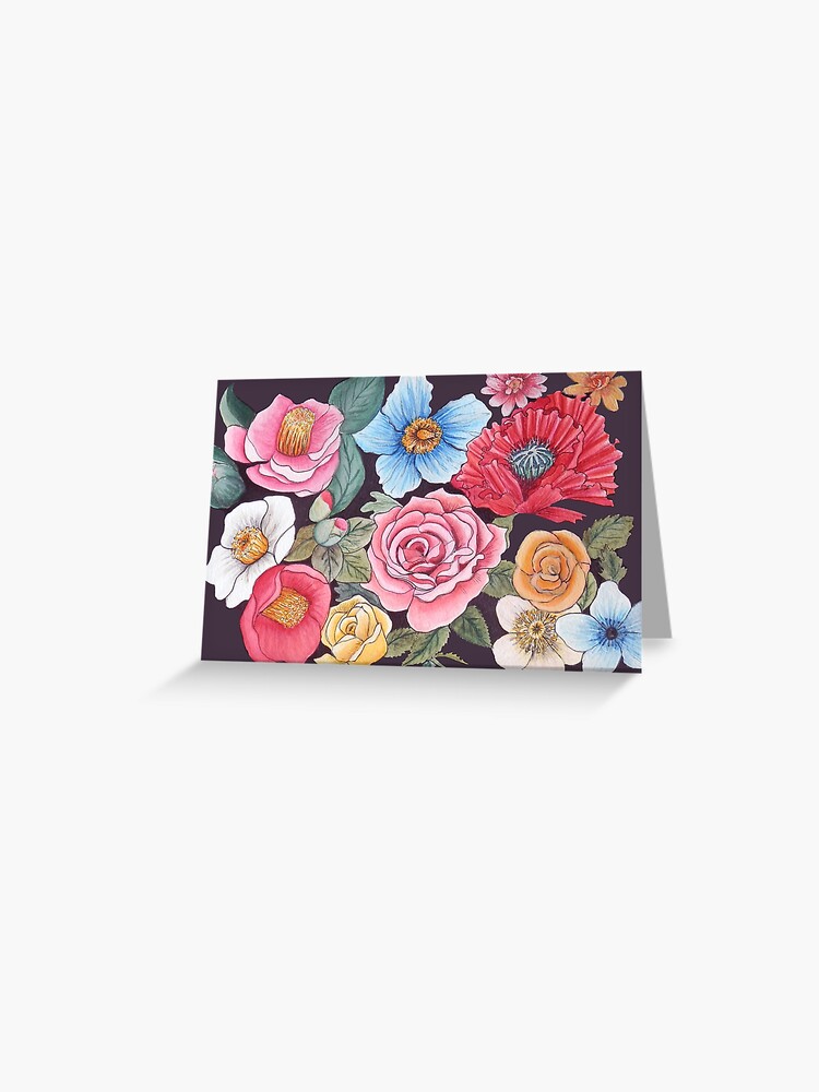 Tarjetas de felicitación «Abejas y flores, arte floral, amapolas, rosas,  camelia en acuarela» de MagentaRose | Redbubble