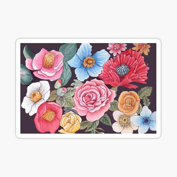Bees and flowers, Floral art, ft poppies, roses, camellia in watercolor Sticker